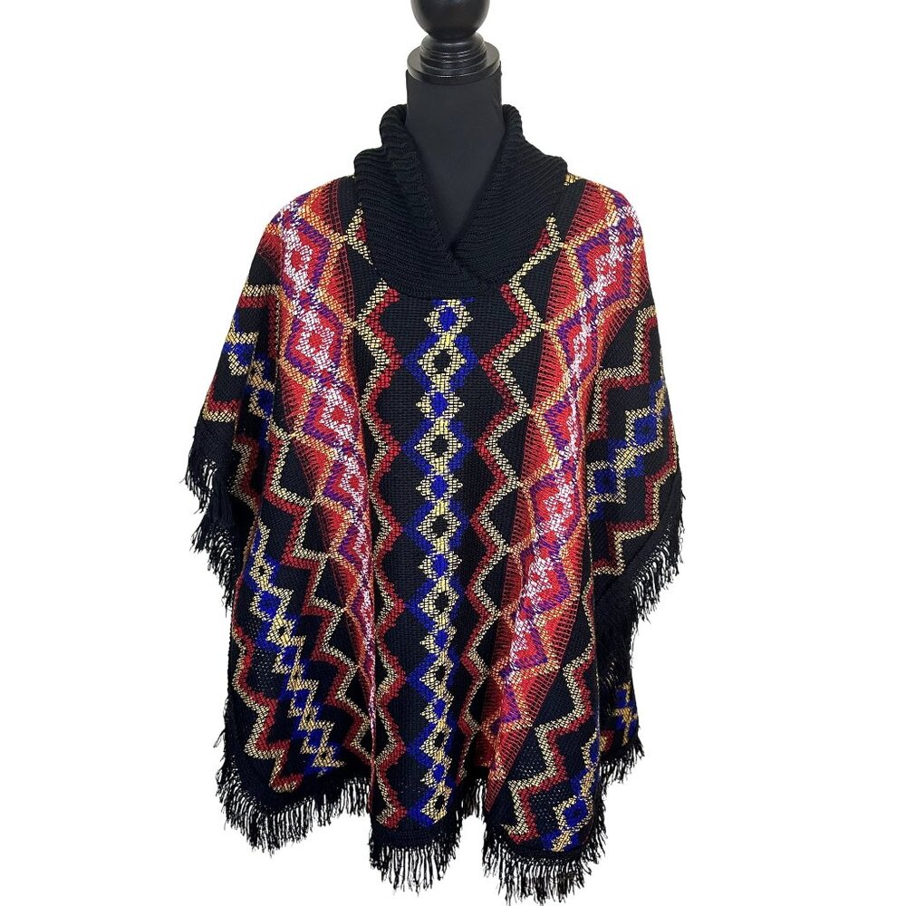 Mexican Textiles Knit Poncho Fringe Geometric Red Blue One Size Black Cowl Neck